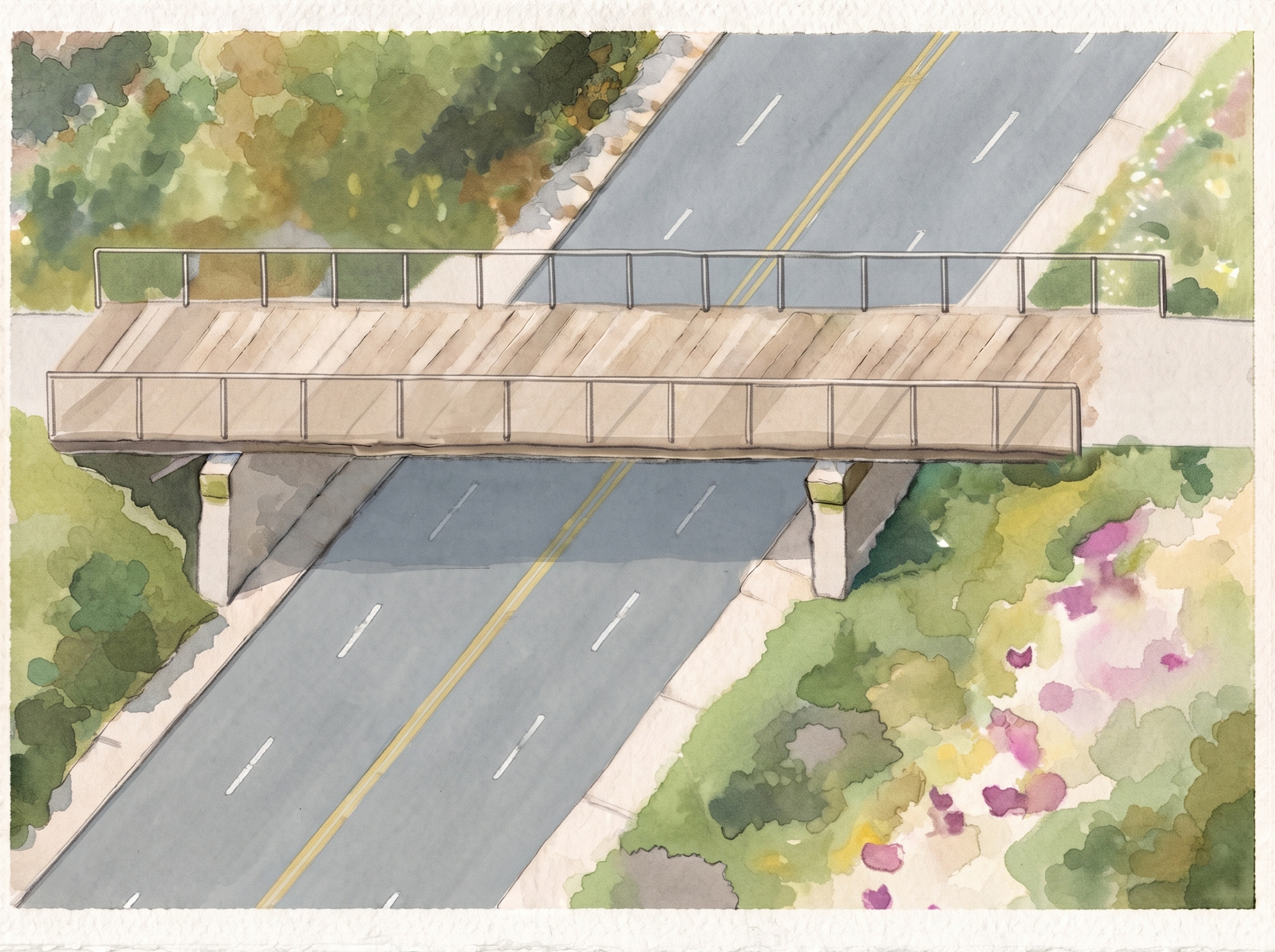A watercolour of a footbridge carrying a trail over a road